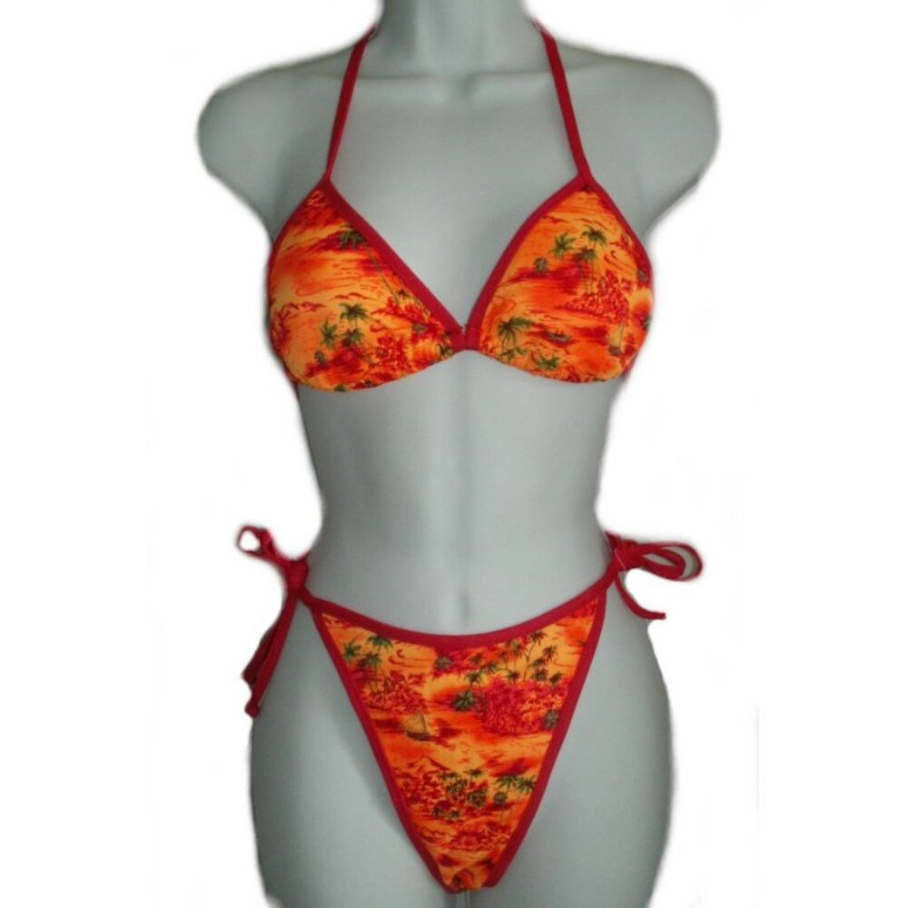 SURFSIDE Tropical Print High Cut Leg String Bikini - Sz L - NEW